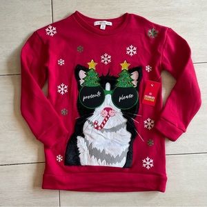 NEW CELEBRATE TOGETHER PRESENTS PLEASE CHRISTMAS CAT LONG SLEEVE SWEATSHIRT